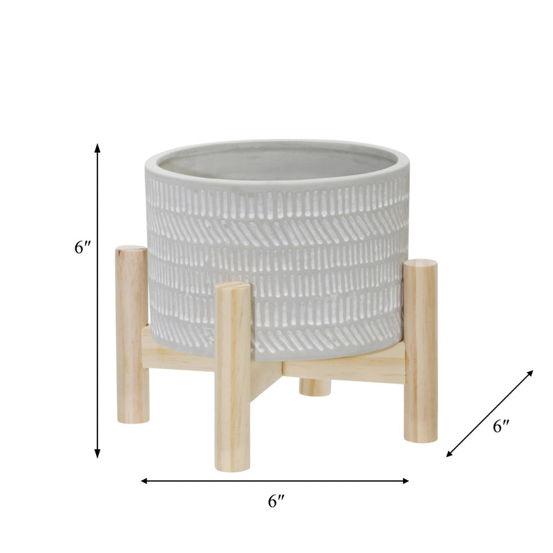 6" CERAMIC TRIBAL PLANTER W/ WOOD STAND, BEIGE - Al Rugaib Furniture