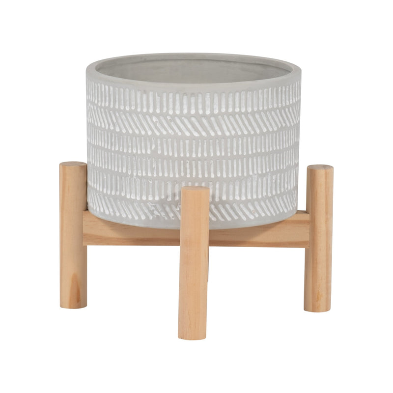 6" CERAMIC TRIBAL PLANTER W/ WOOD STAND, BEIGE - Al Rugaib Furniture