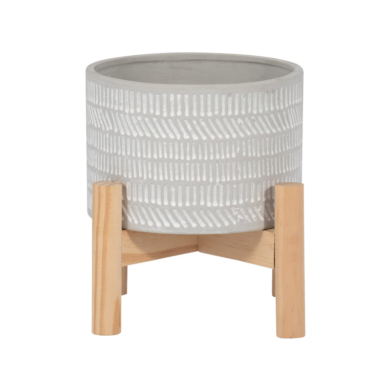 6" CERAMIC TRIBAL PLANTER W/ WOOD STAND, BEIGE - Al Rugaib Furniture