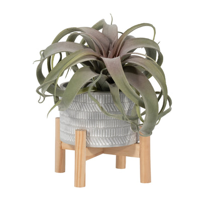 6" CERAMIC TRIBAL PLANTER W/ WOOD STAND, BEIGE - Al Rugaib Furniture