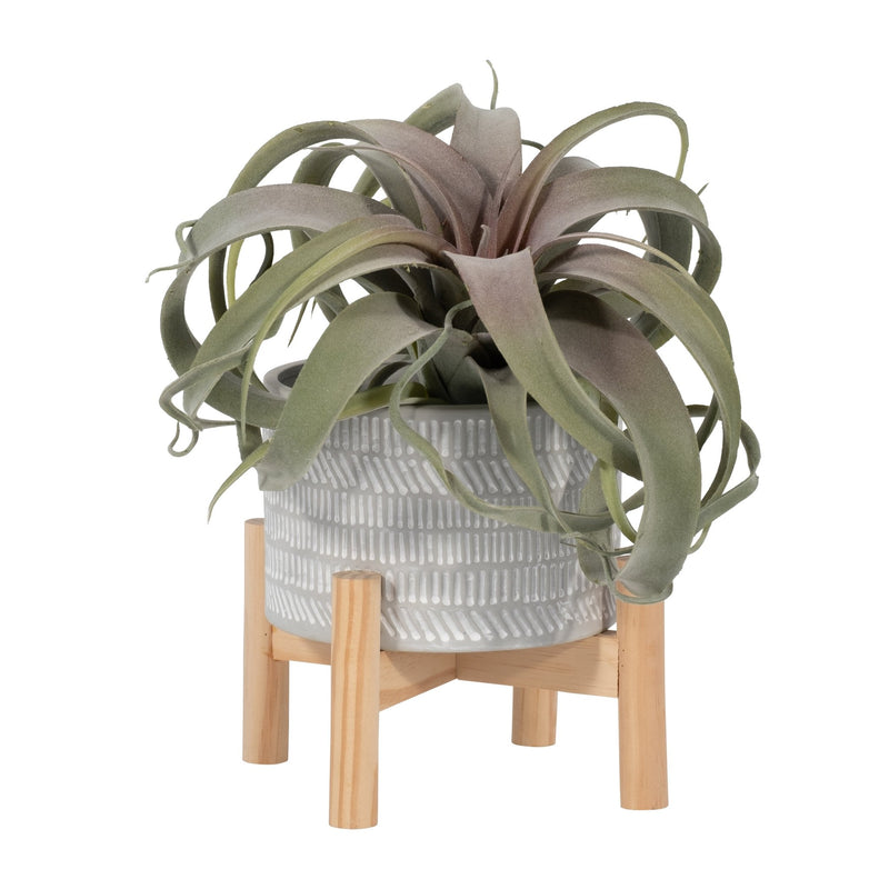6" CERAMIC TRIBAL PLANTER W/ WOOD STAND, BEIGE - Al Rugaib Furniture