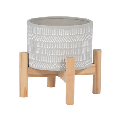 6" CERAMIC TRIBAL PLANTER W/ WOOD STAND, BEIGE - Al Rugaib Furniture