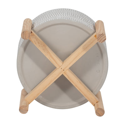 6" CERAMIC TRIBAL PLANTER W/ WOOD STAND, BEIGE - Al Rugaib Furniture