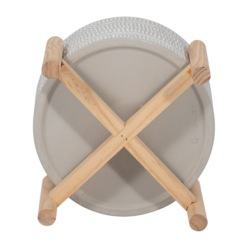 6" CERAMIC TRIBAL PLANTER W/ WOOD STAND, BEIGE - Al Rugaib Furniture