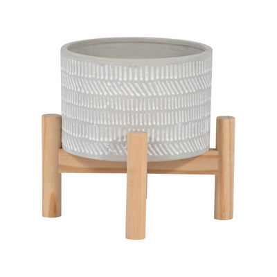 6" CERAMIC TRIBAL PLANTER W/ WOOD STAND, BEIGE - Al Rugaib Furniture