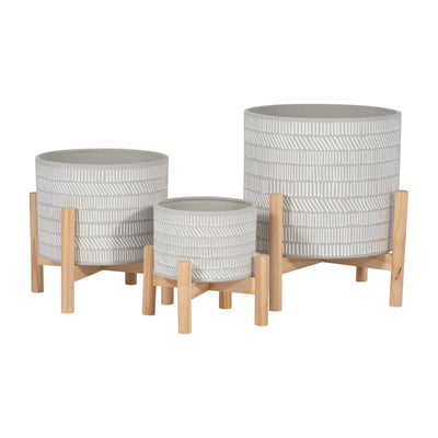 6" CERAMIC TRIBAL PLANTER W/ WOOD STAND, BEIGE - Al Rugaib Furniture