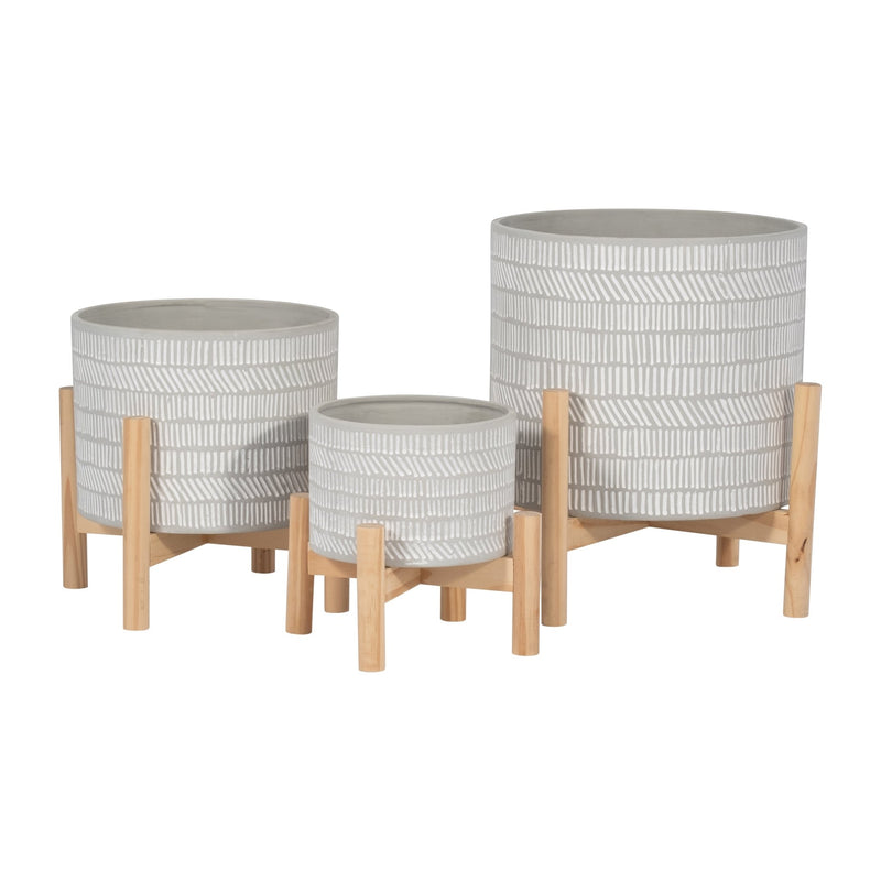 6" CERAMIC TRIBAL PLANTER W/ WOOD STAND, BEIGE - Al Rugaib Furniture