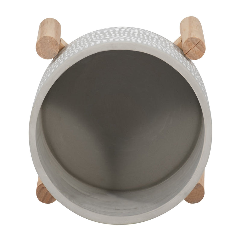 6" CERAMIC TRIBAL PLANTER W/ WOOD STAND, BEIGE - Al Rugaib Furniture