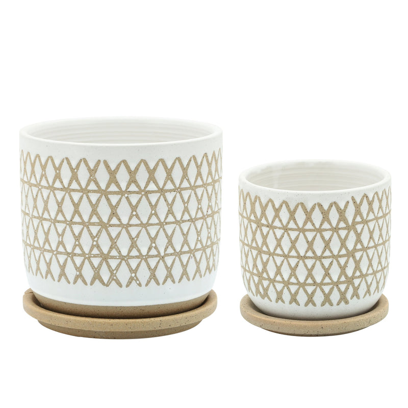 6" CRISS/CROSS PLANTER W/ SAUCER, BEIGE - Al Rugaib Furniture