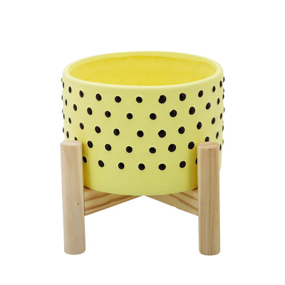 6" DOTTED PLANTER W/ WOOD STAND, YELLOW - Al Rugaib Furniture