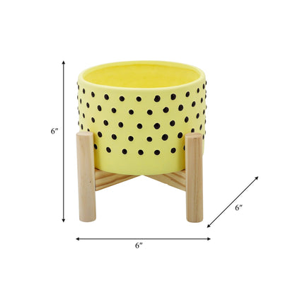 6" DOTTED PLANTER W/ WOOD STAND, YELLOW - Al Rugaib Furniture