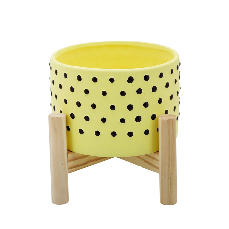 6" DOTTED PLANTER W/ WOOD STAND, YELLOW - Al Rugaib Furniture