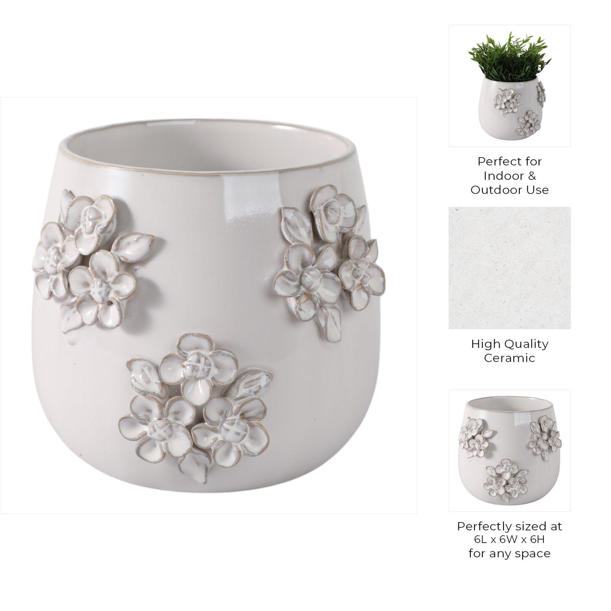 6" FLOWER BUNCHES APPLIQUE PLANTER, IVORY Planter| Sagebrook Home