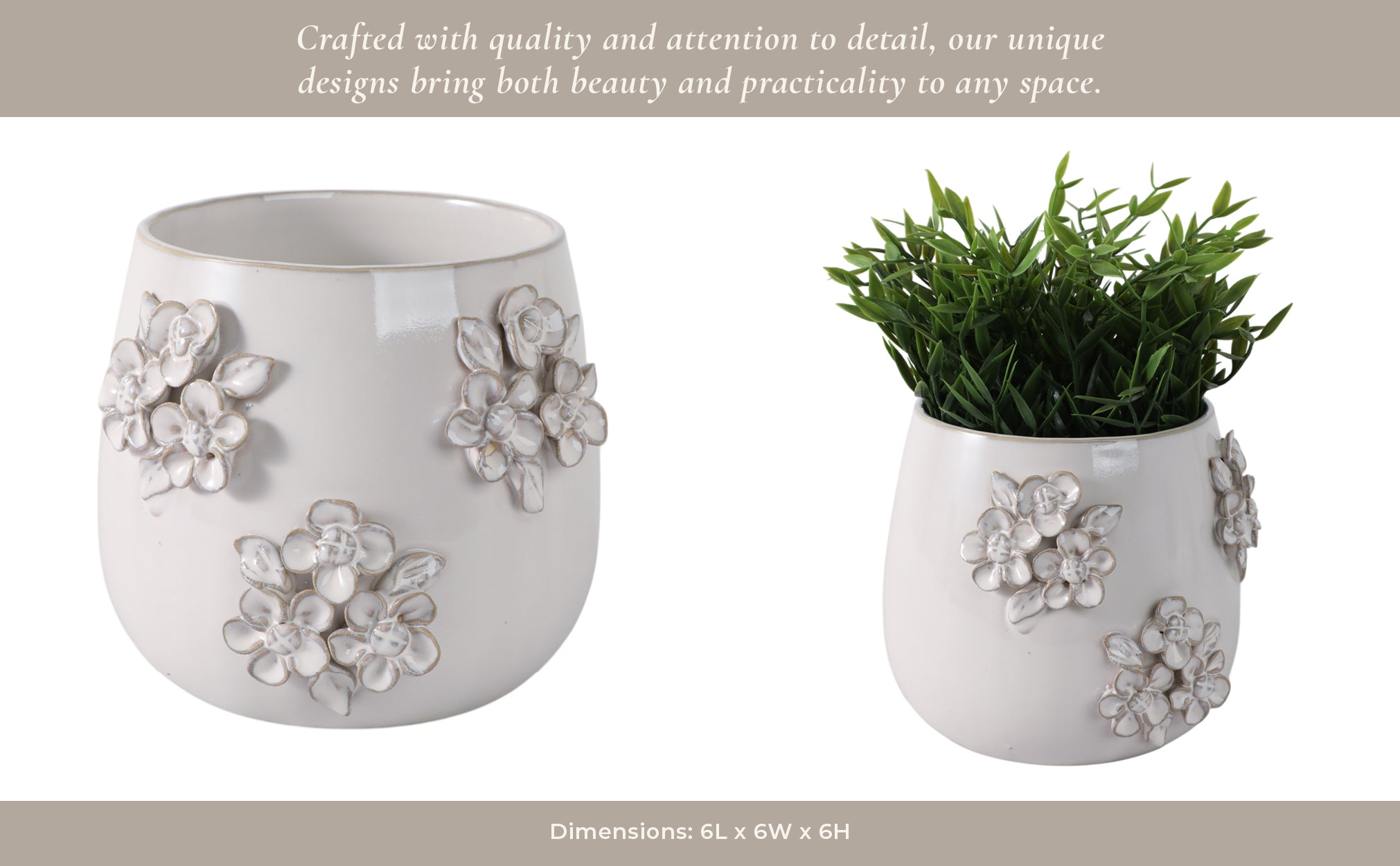 6" FLOWER BUNCHES APPLIQUE PLANTER, IVORY Planter| Sagebrook Home