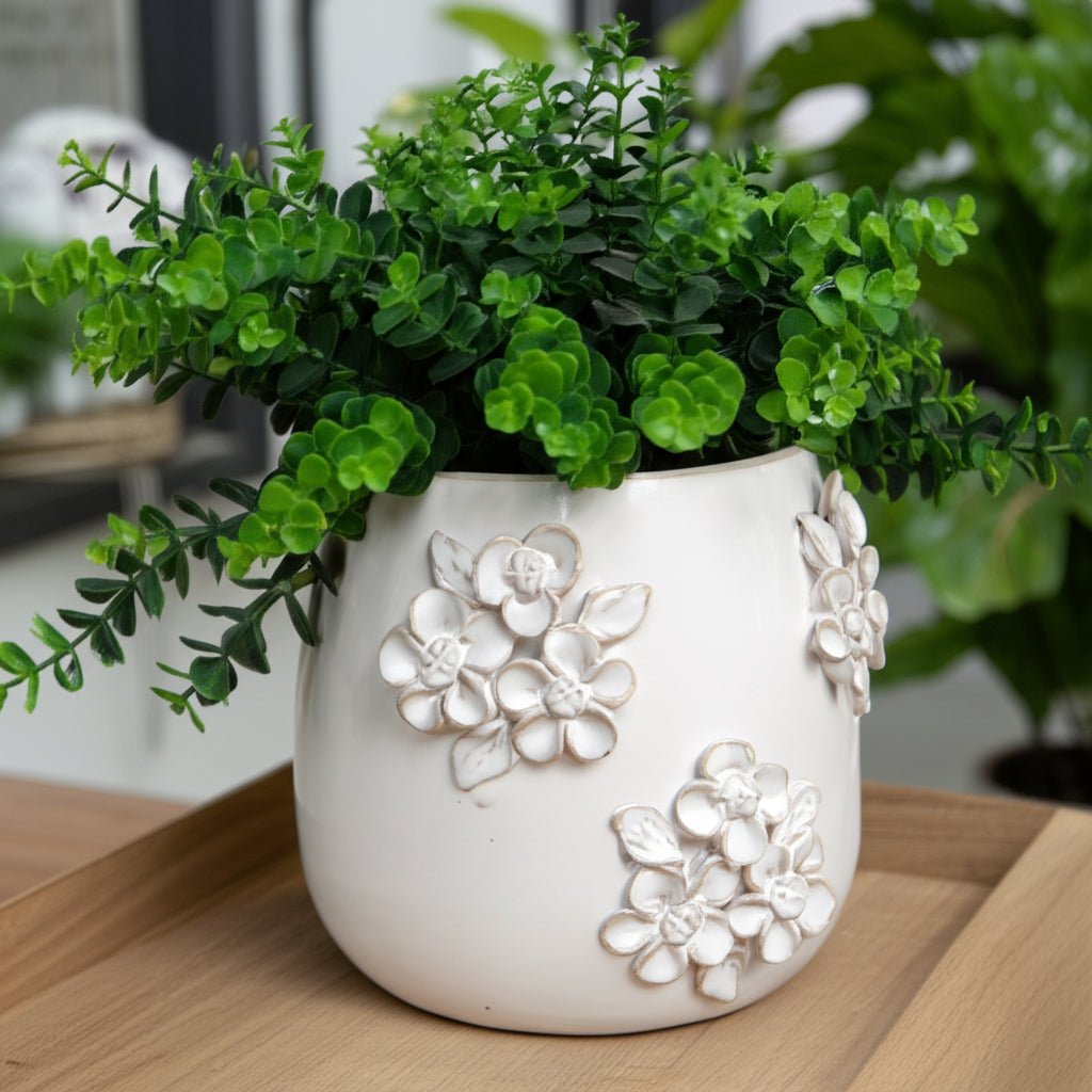 6" FLOWER BUNCHES APPLIQUE PLANTER, IVORY Planter| Sagebrook Home