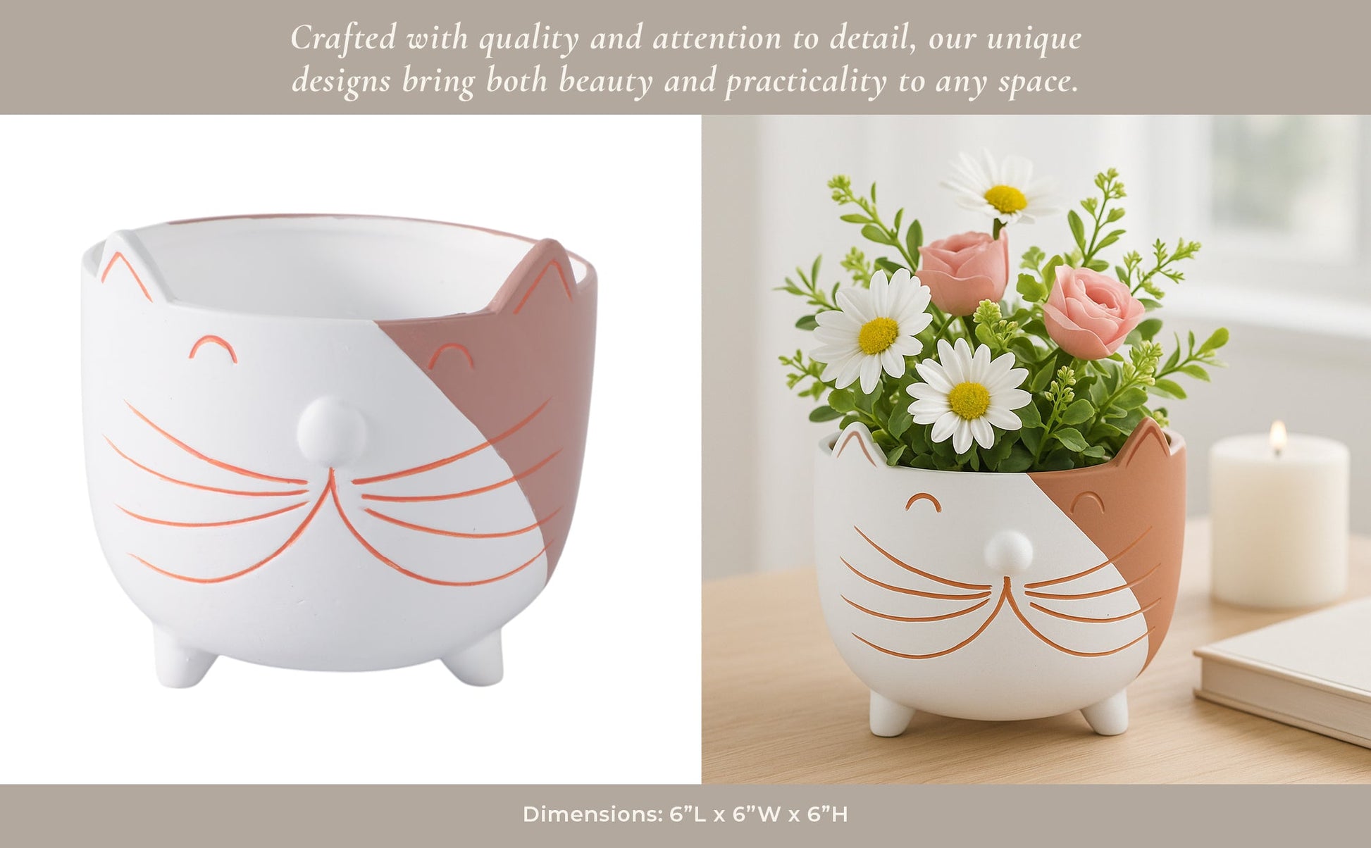 6" Kitty Whiskers Footed Planter, White/tan Planter| Sagebrook Home