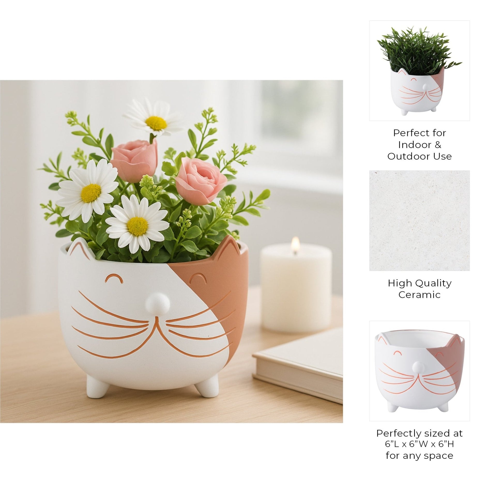 6" Kitty Whiskers Footed Planter, White/tan Planter| Sagebrook Home