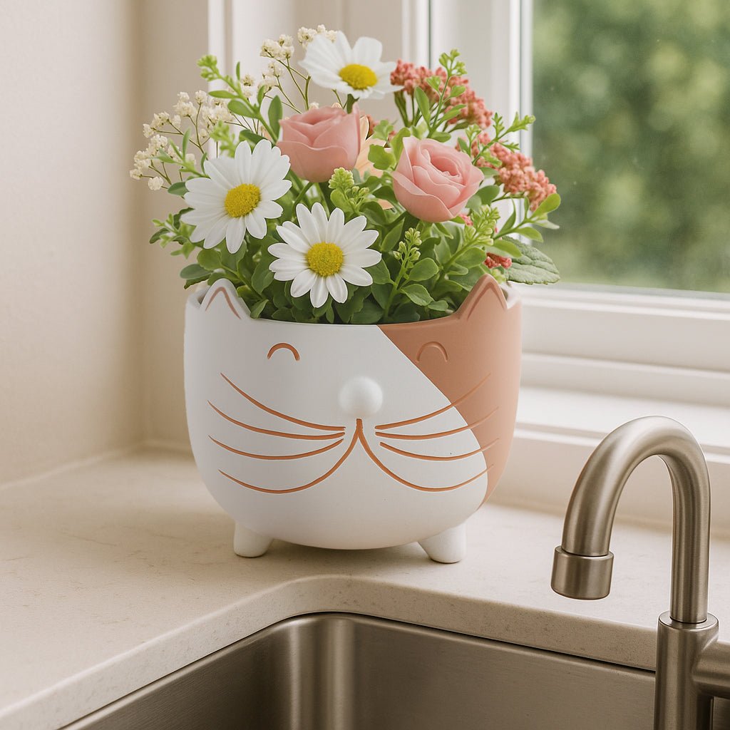 6" Kitty Whiskers Footed Planter, White/tan Planter| Sagebrook Home