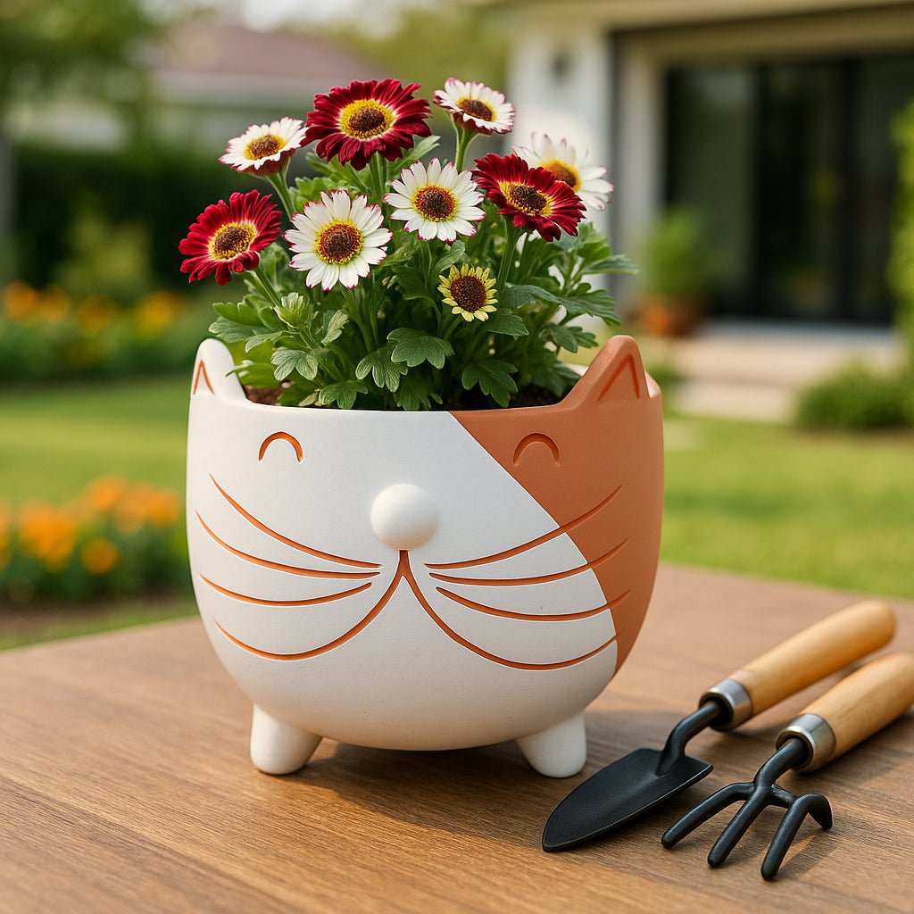 6" Kitty Whiskers Footed Planter, White/tan Planter| Sagebrook Home