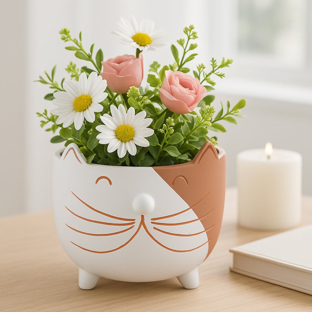 6" Kitty Whiskers Footed Planter, White/tan Planter| Sagebrook Home