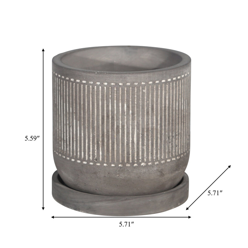 6" LINE PATTERN PLANTER W/ SAUCER, GRAY - Al Rugaib Furniture