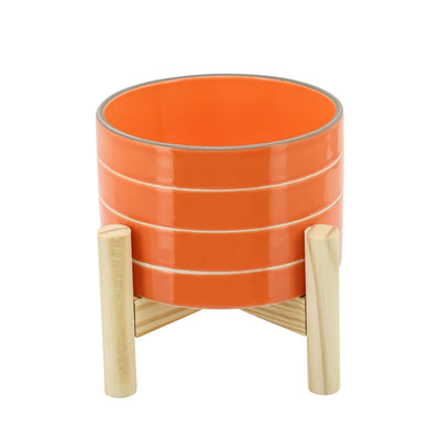 6" STRIPED PLANTER W/ WOOD STAND, ORANGE - Al Rugaib Furniture