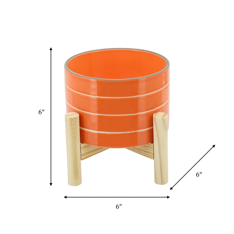 6" STRIPED PLANTER W/ WOOD STAND, ORANGE - Al Rugaib Furniture