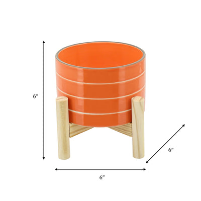 6" STRIPED PLANTER W/ WOOD STAND, ORANGE - Al Rugaib Furniture