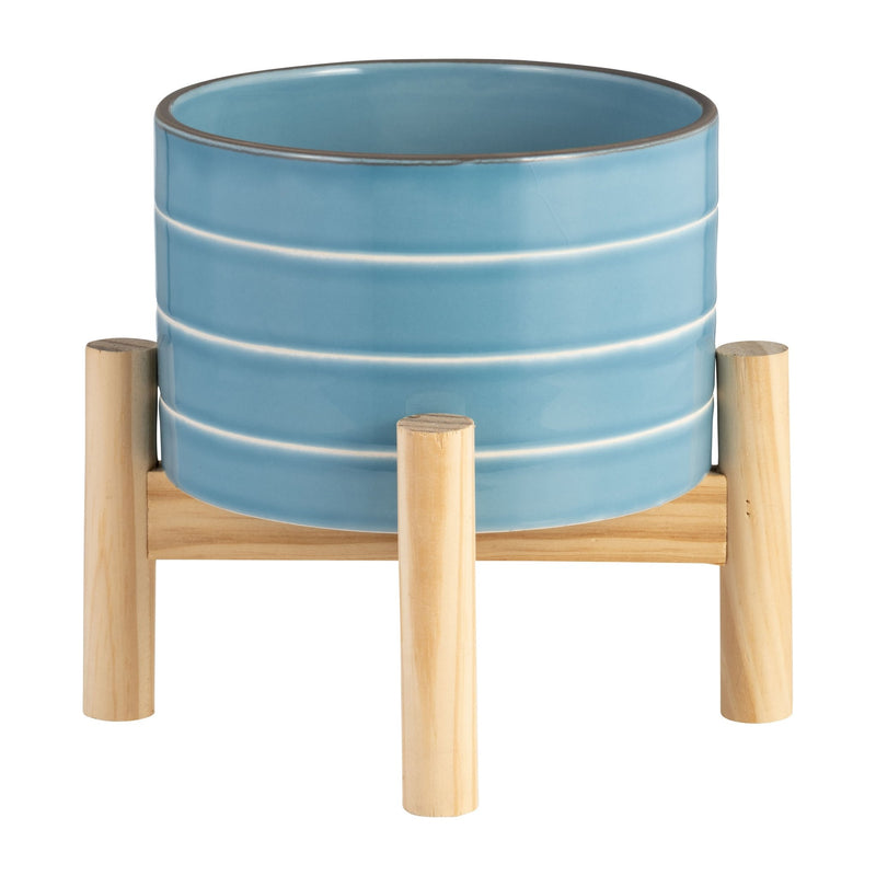 6" STRIPED PLANTER W/ WOOD STAND, SKYBLUE - Al Rugaib Furniture