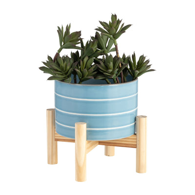 6" STRIPED PLANTER W/ WOOD STAND, SKYBLUE - Al Rugaib Furniture