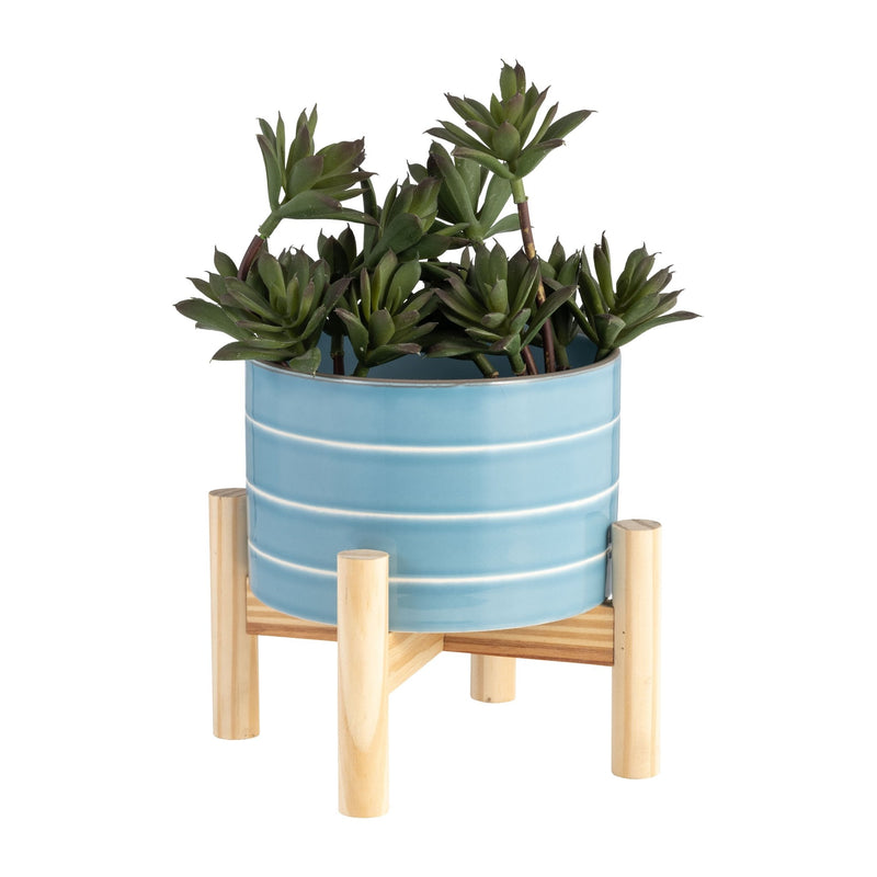 6" STRIPED PLANTER W/ WOOD STAND, SKYBLUE - Al Rugaib Furniture