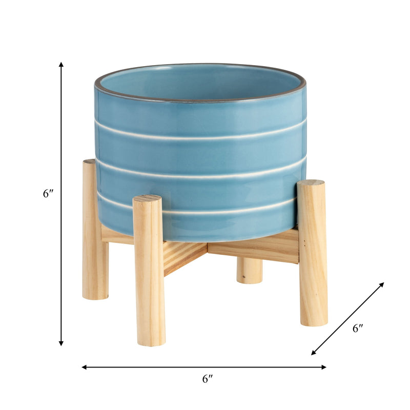 6" STRIPED PLANTER W/ WOOD STAND, SKYBLUE - Al Rugaib Furniture