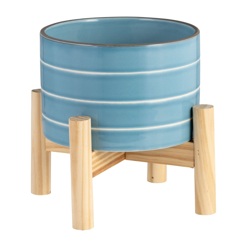 6" STRIPED PLANTER W/ WOOD STAND, SKYBLUE - Al Rugaib Furniture