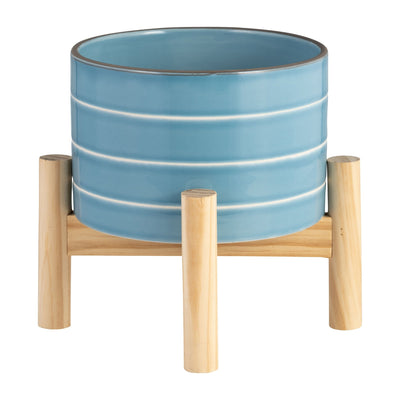 6" STRIPED PLANTER W/ WOOD STAND, SKYBLUE - Al Rugaib Furniture