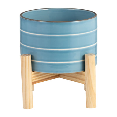6" STRIPED PLANTER W/ WOOD STAND, SKYBLUE - Al Rugaib Furniture