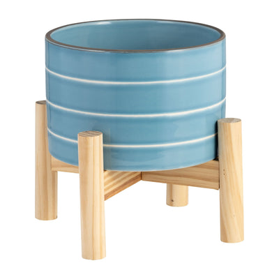 6" STRIPED PLANTER W/ WOOD STAND, SKYBLUE - Al Rugaib Furniture