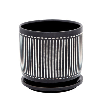 6" VERTICAL LINES PLANTER W/ SAUCER, BLACK - Al Rugaib Furniture