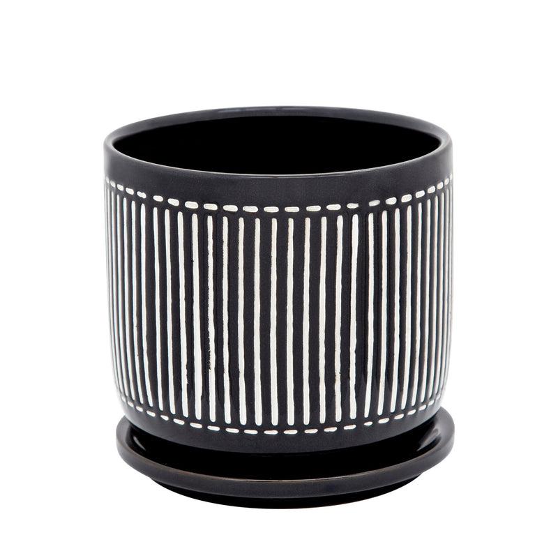 6" VERTICAL LINES PLANTER W/ SAUCER, BLACK - Al Rugaib Furniture