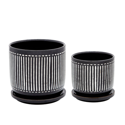 6" VERTICAL LINES PLANTER W/ SAUCER, BLACK - Al Rugaib Furniture