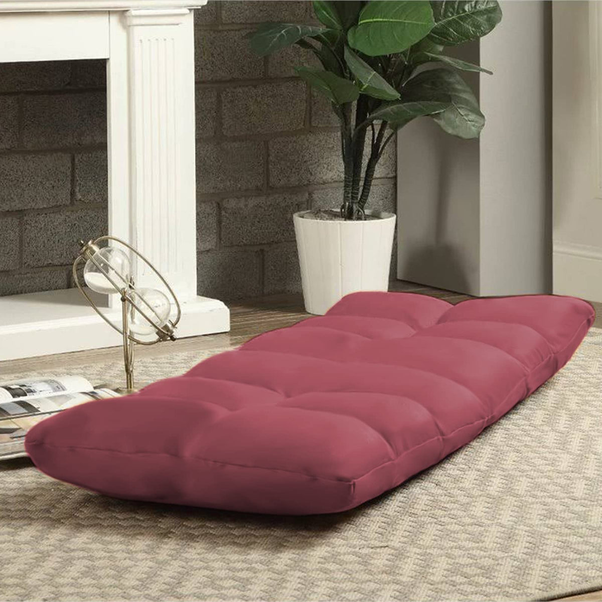 Picnic Upholstered Velvet Foldable Floor Chair - 120x50x15 cm Dark Pink