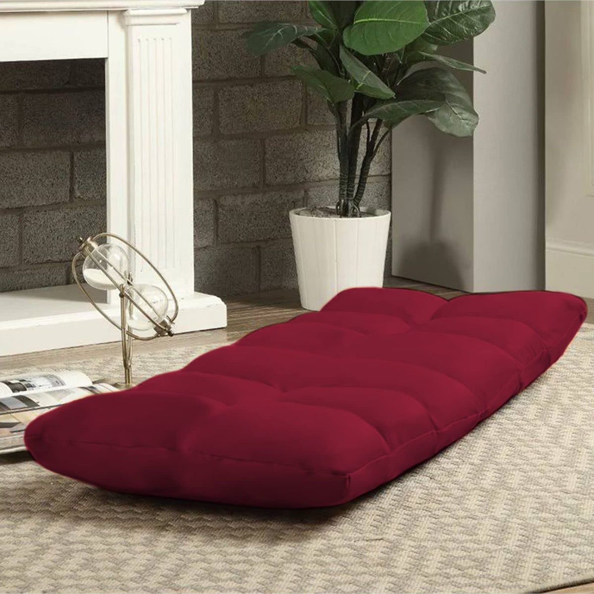 Picnic Upholstered Velvet Foldable Floor Chair - 120x50x15 cm Burgundy