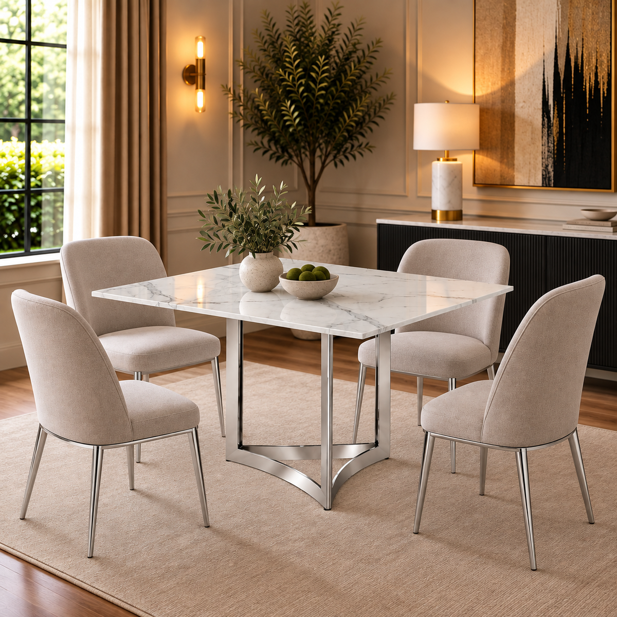 Alexa Dining Table Silver Base and 160 CM Square White Marble