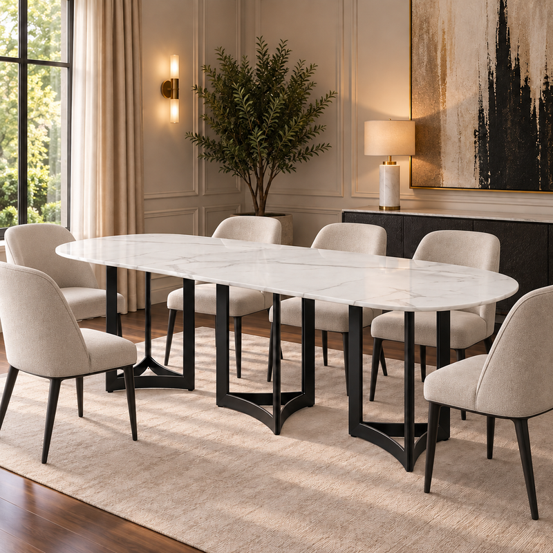 Alexa Dining Table Black Base and 240 Oval CM White Marble
