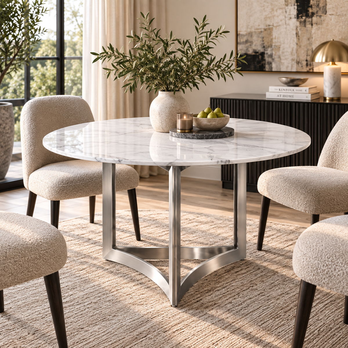 Alexa Dining Table Silver Base and 150 CM Round White Marble