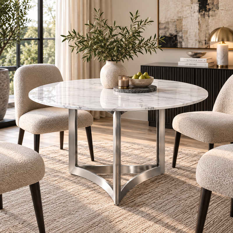 Alexa Dining Table Silver Base and 150 CM Round White Marble