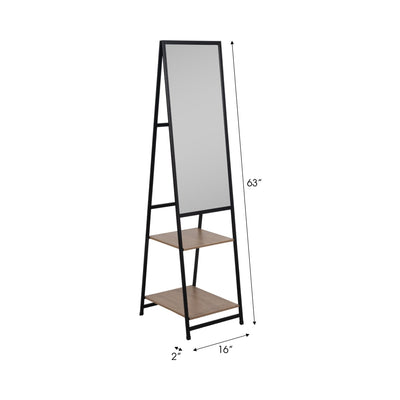 63" Standing Mirror W/ Wood Shelves, Black/natural - Al Rugaib Furniture