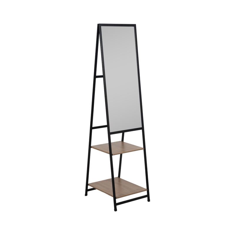 63" Standing Mirror W/ Wood Shelves, Black/natural - Al Rugaib Furniture