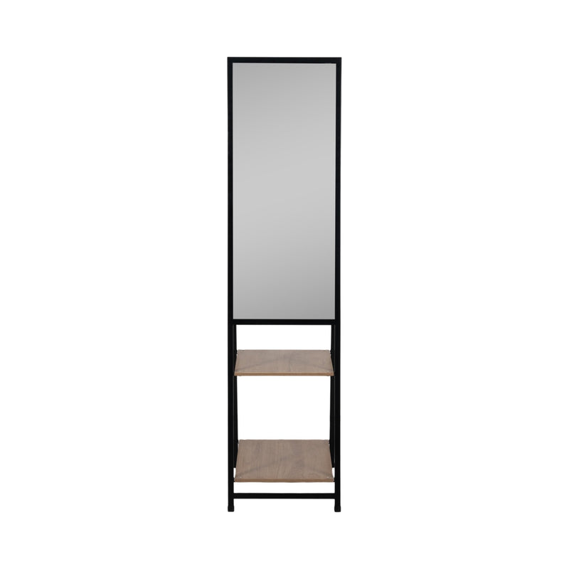 63" Standing Mirror W/ Wood Shelves, Black/natural - Al Rugaib Furniture