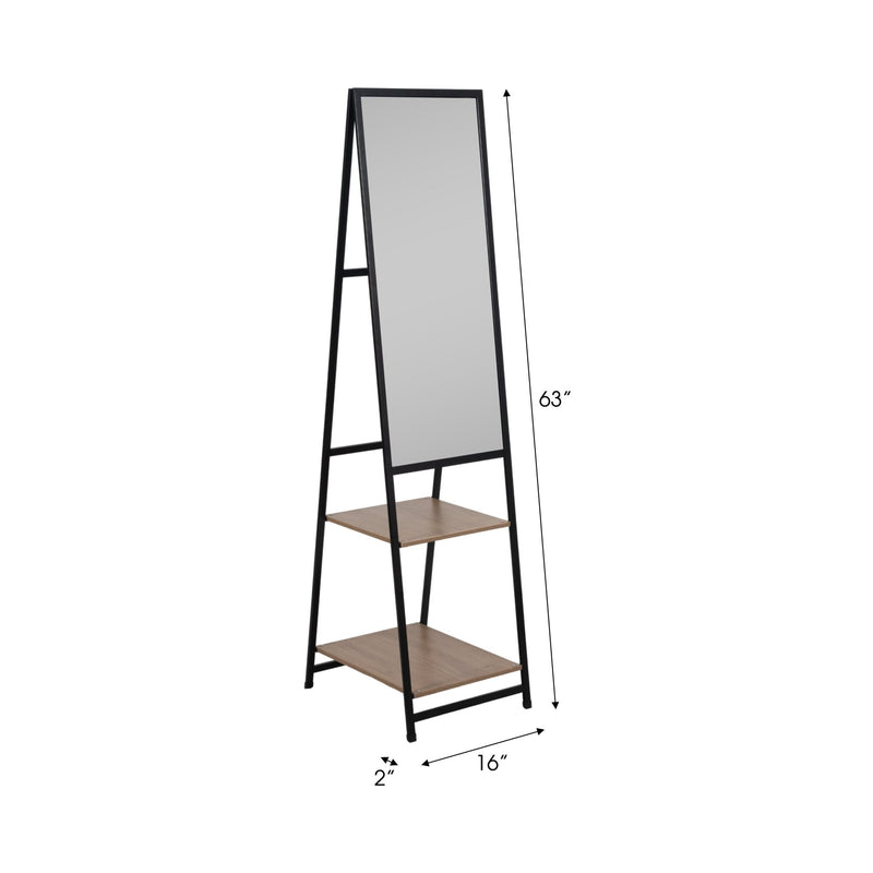 63" Standing Mirror W/ Wood Shelves, Black/natural - Al Rugaib Furniture