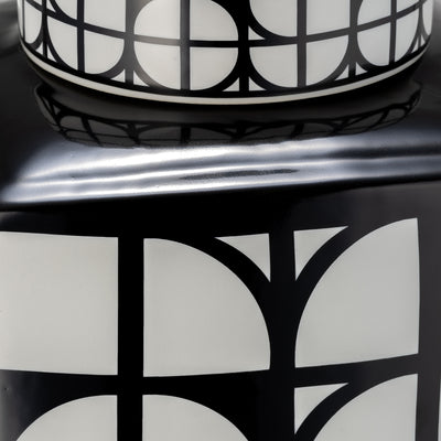 CER, 18H SQUARE JAR W/ LID, BLACK/WHITE